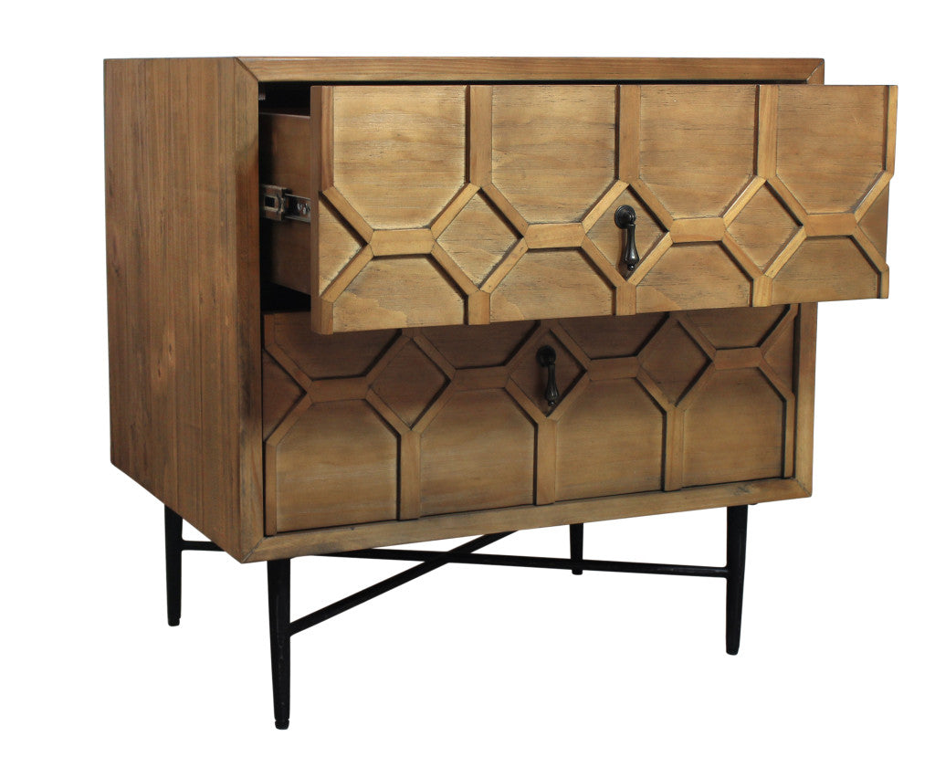 Natural 2 Drawer Carved Geometric Nightstand