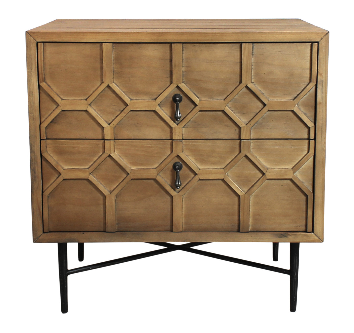 Natural 2 Drawer Carved Geometric Nightstand