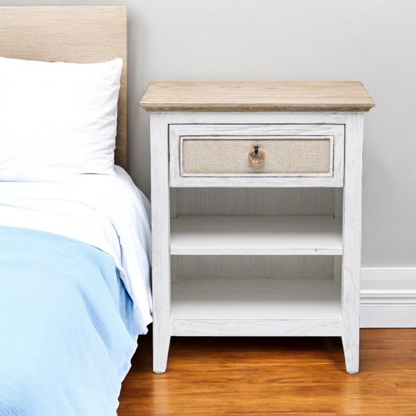 Natural & White Solid Wood 1 Drawer Nightstand