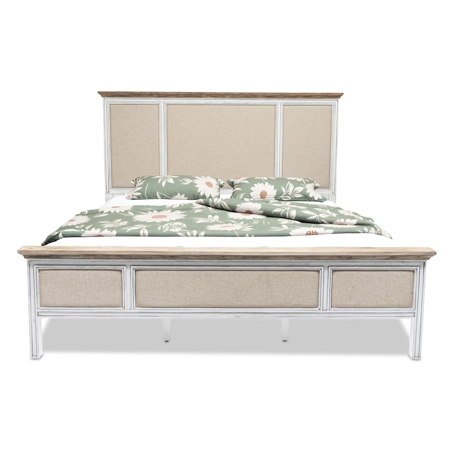 White and Beige Solid Wood & Linen King Bed Frame