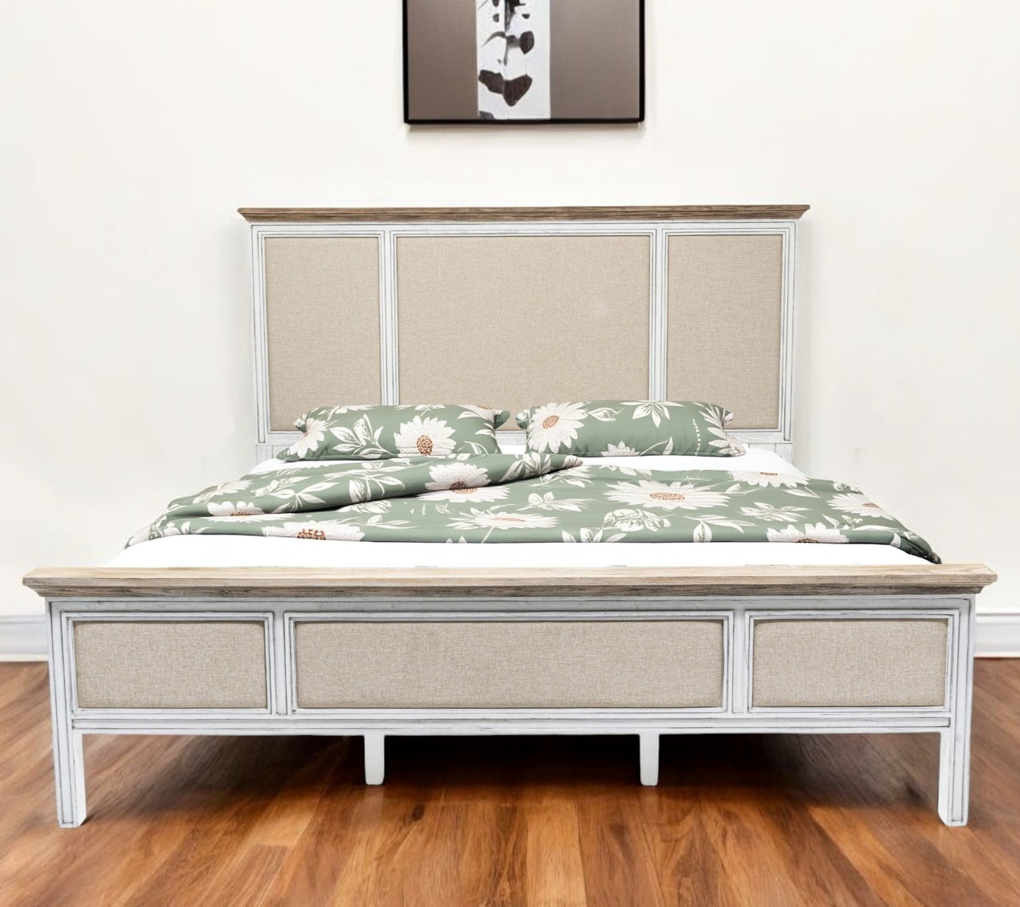 White and Beige Solid Wood & Linen King Bed Frame