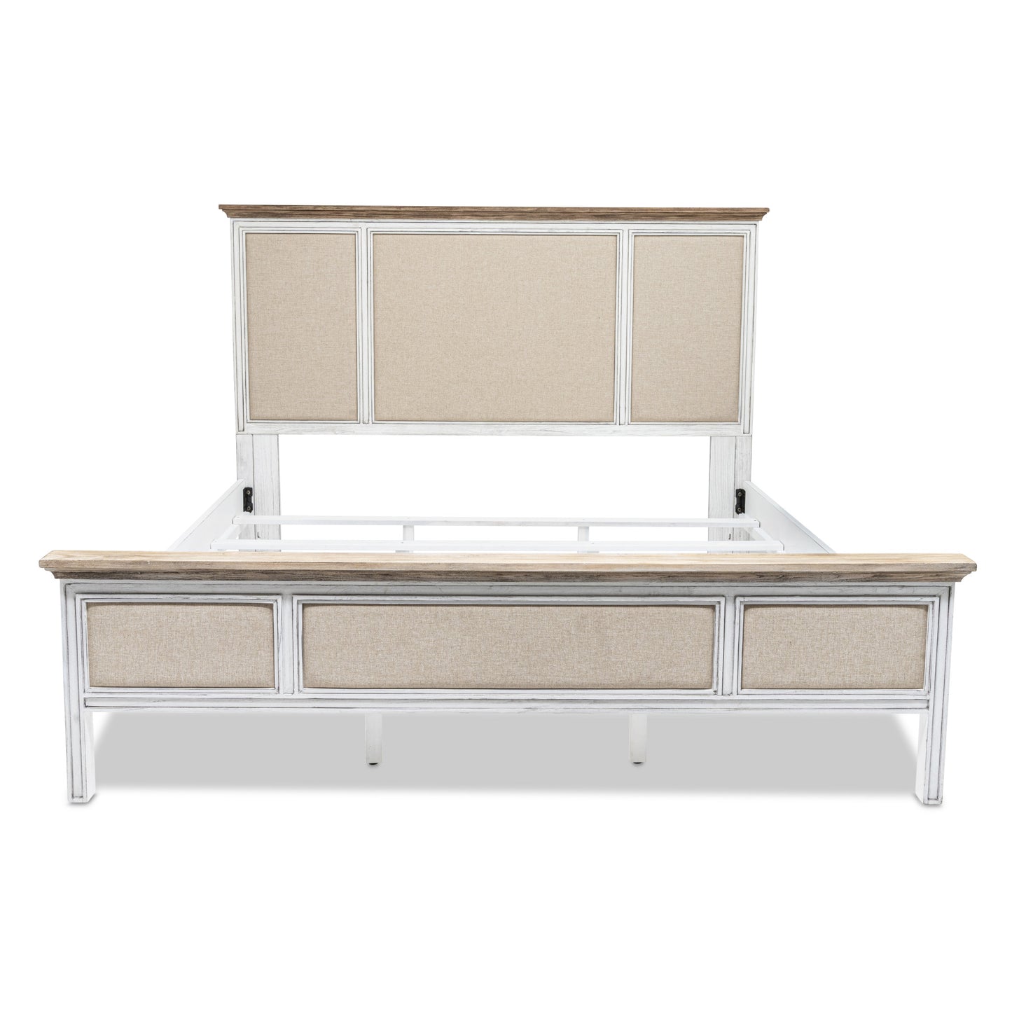 White and Beige Solid Wood & Linen King Bed Frame
