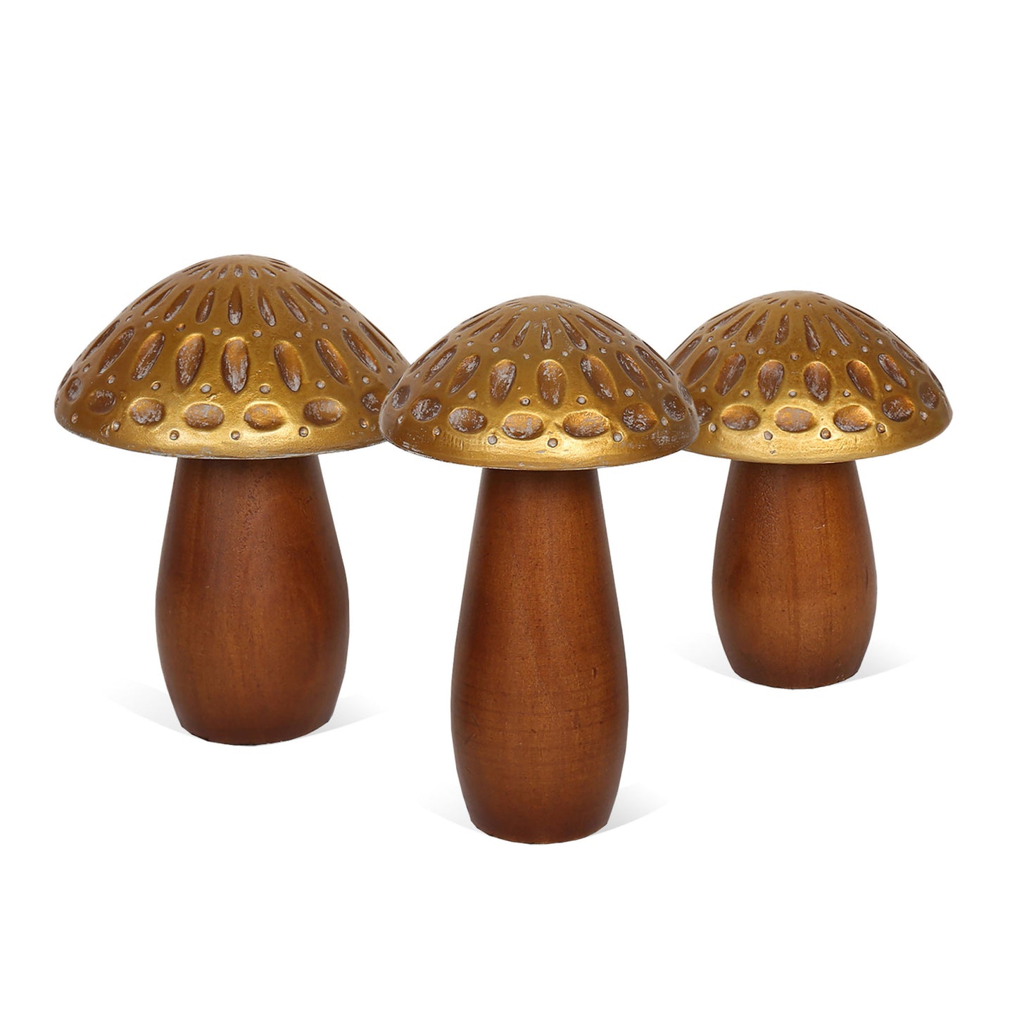 Set of Three Brown & Gold Wood Mushroom Tabletop Sculptures