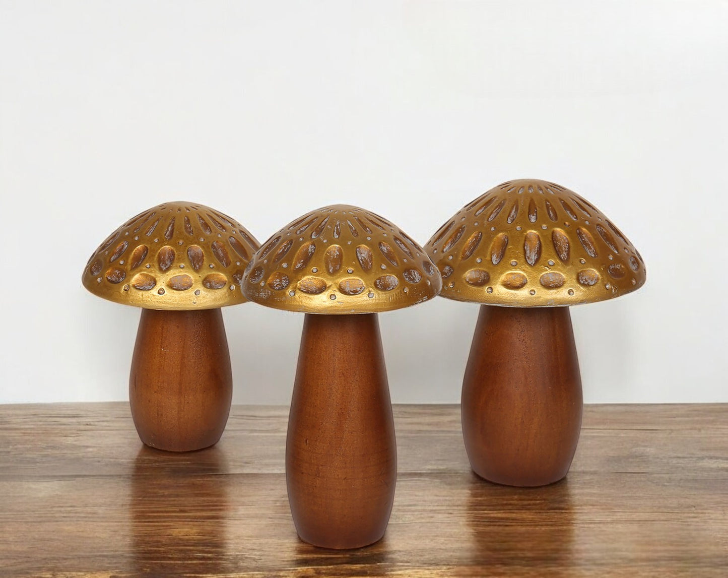 Set of Three Brown & Gold Wood Mushroom Tabletop Sculptures