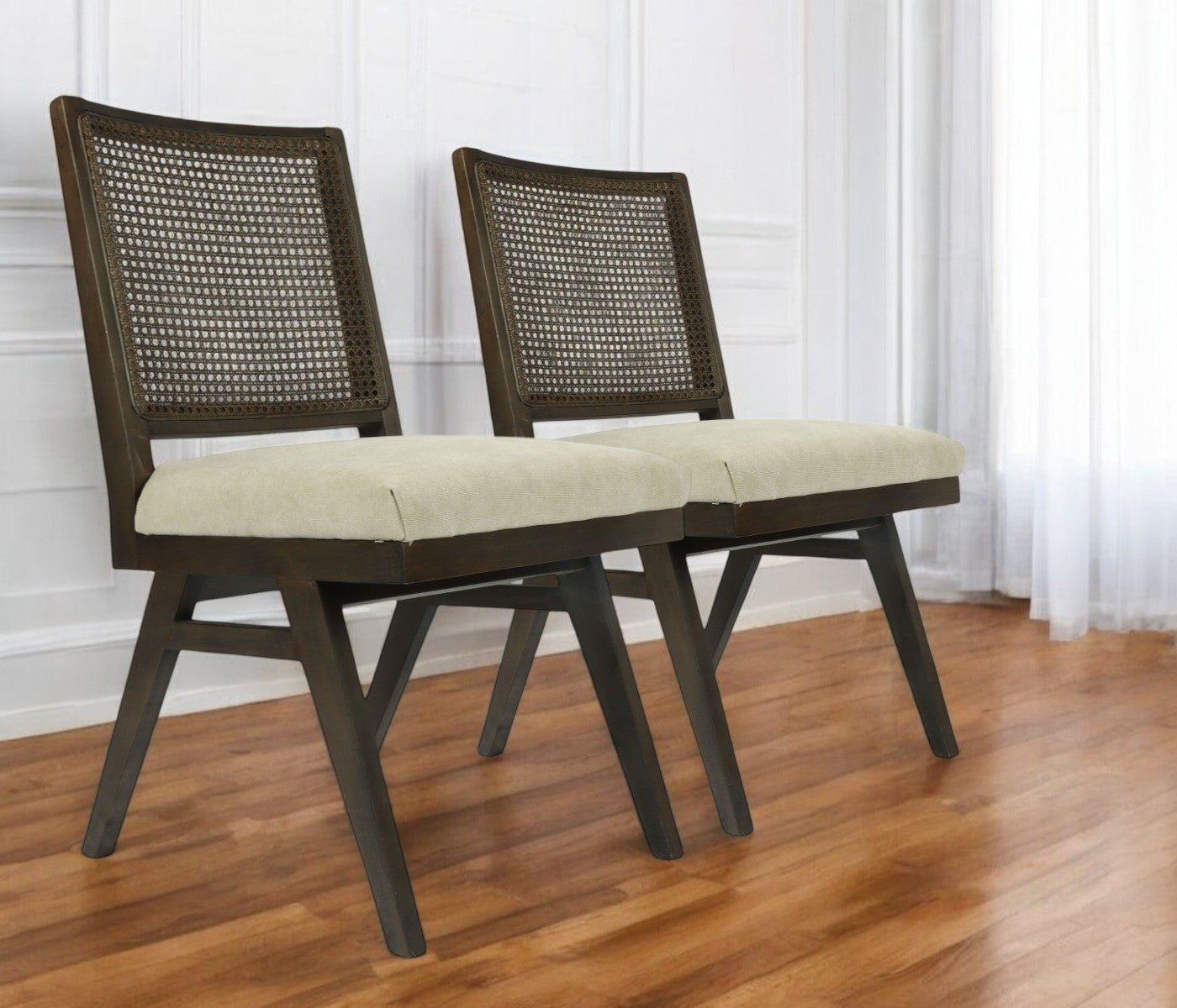Dark Brown & Gray Wood Cane & Upholstery Dining Chair - Set of 2