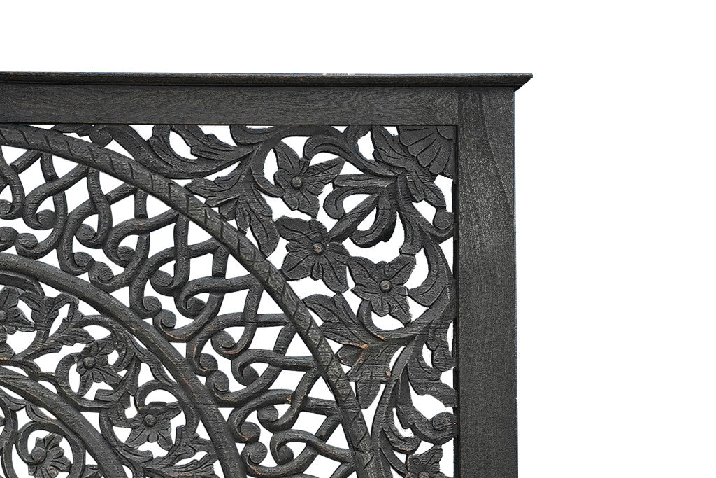 Black Carved Floral Distressed Solid Wood Queen Bed