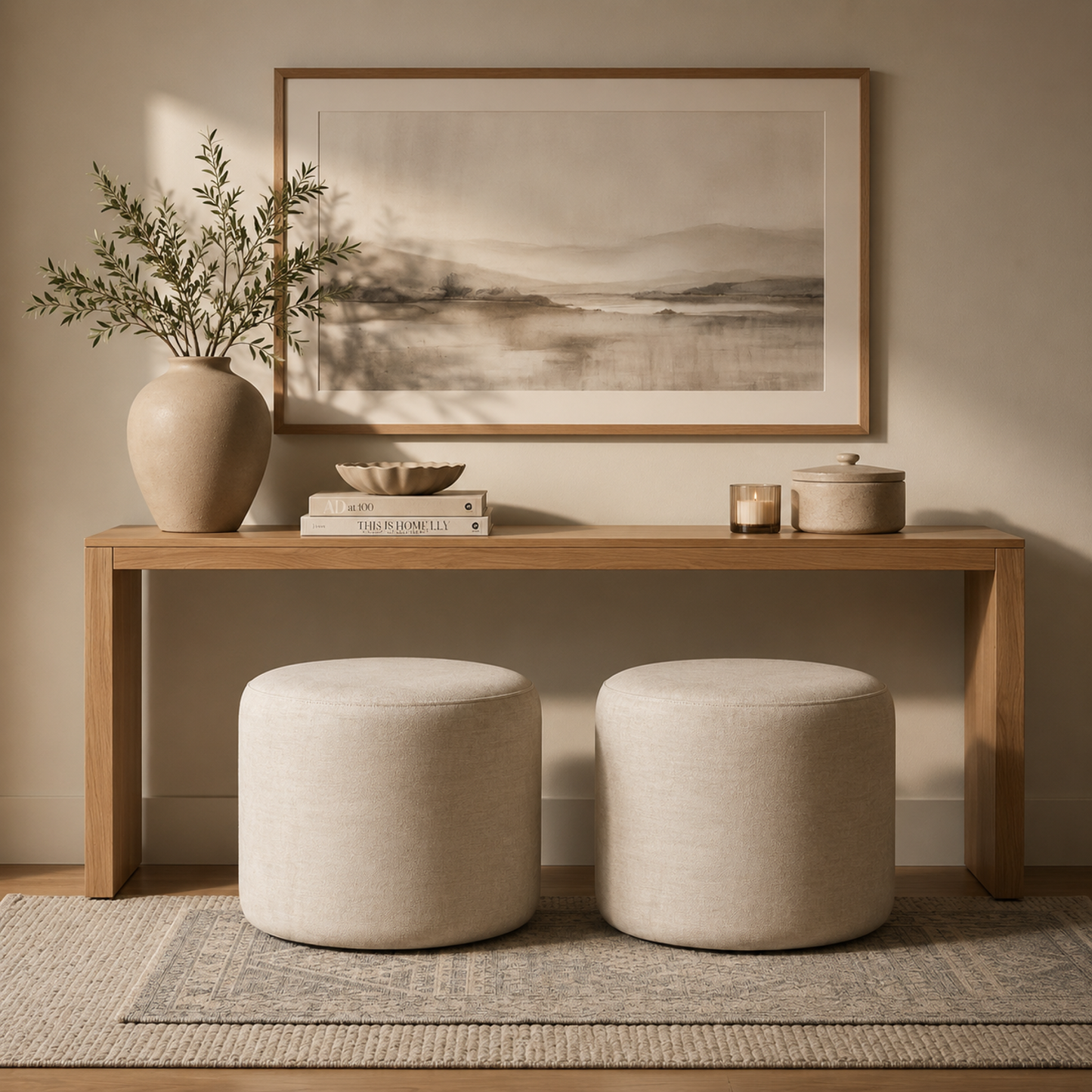Anderson 16" Plush Round Ottoman in Cream Chenille fabric - Enhanced