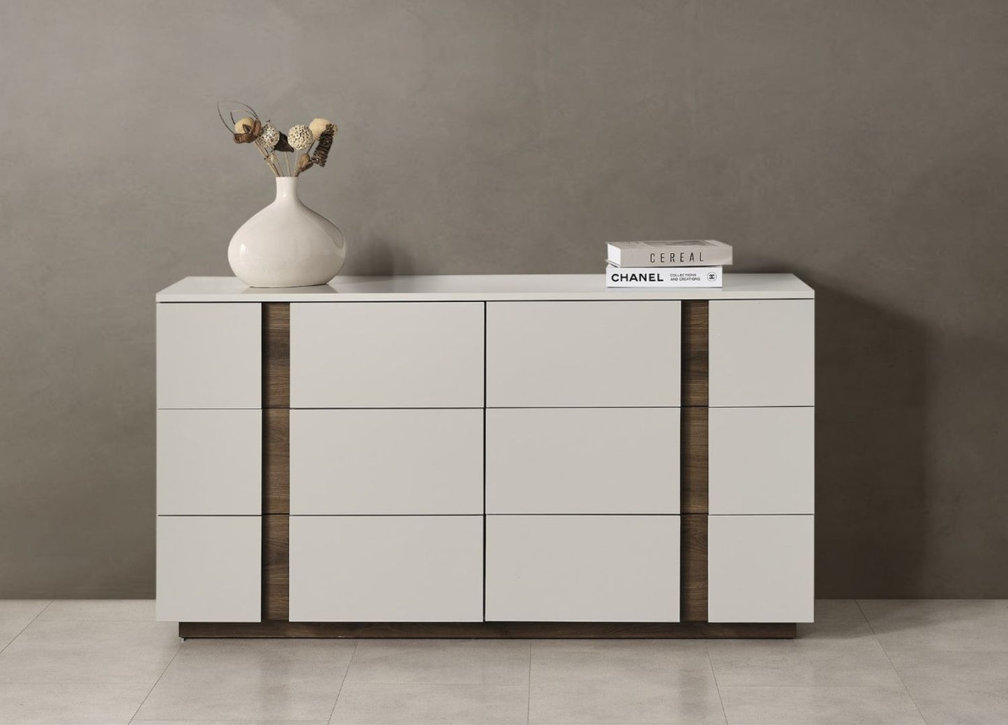 Light Gray And Walnut Wood Six Drawer Double Dresser image 9