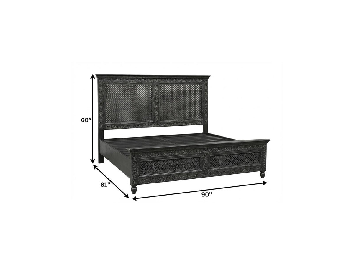 Black Carved Floral Distressed Solid Wood King Bed