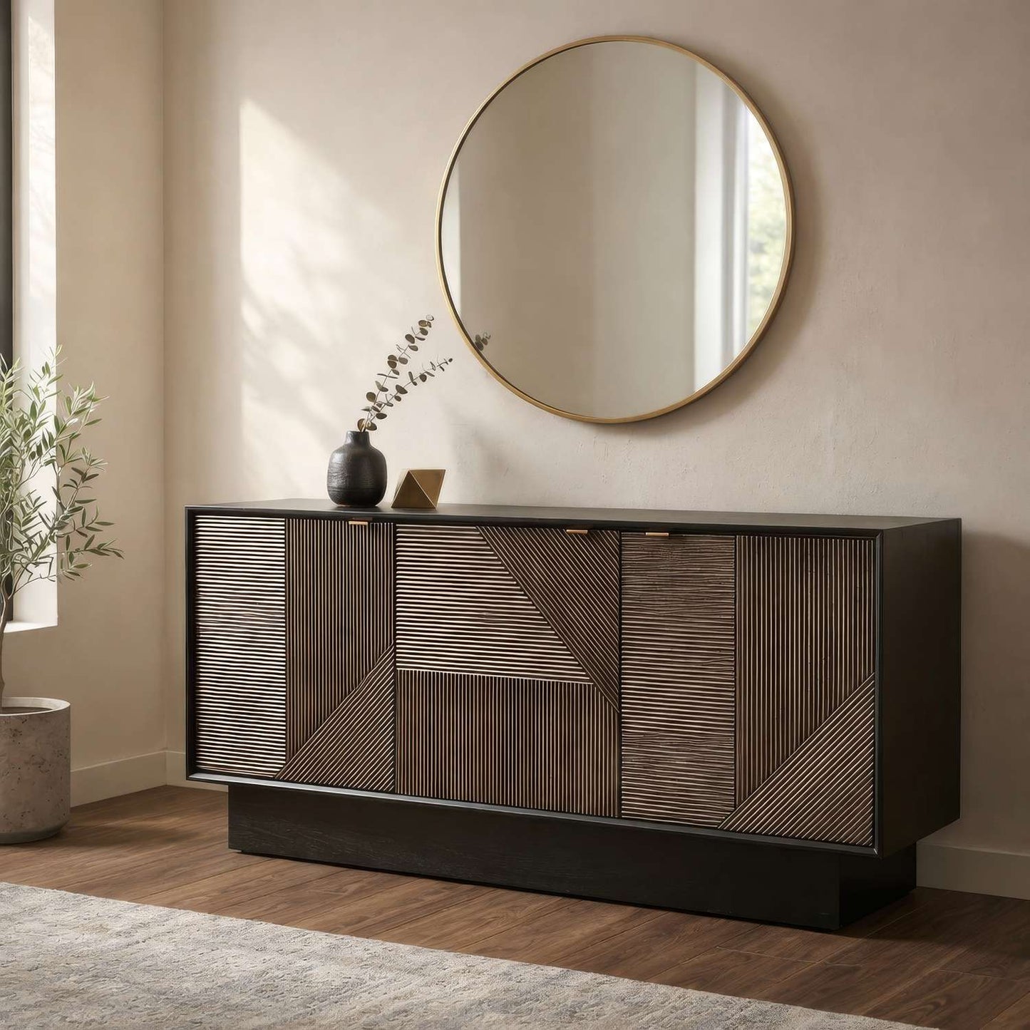 Beader 32" Three Door Cabinet with Storage Shelves, Black and Bronze - Enhanced