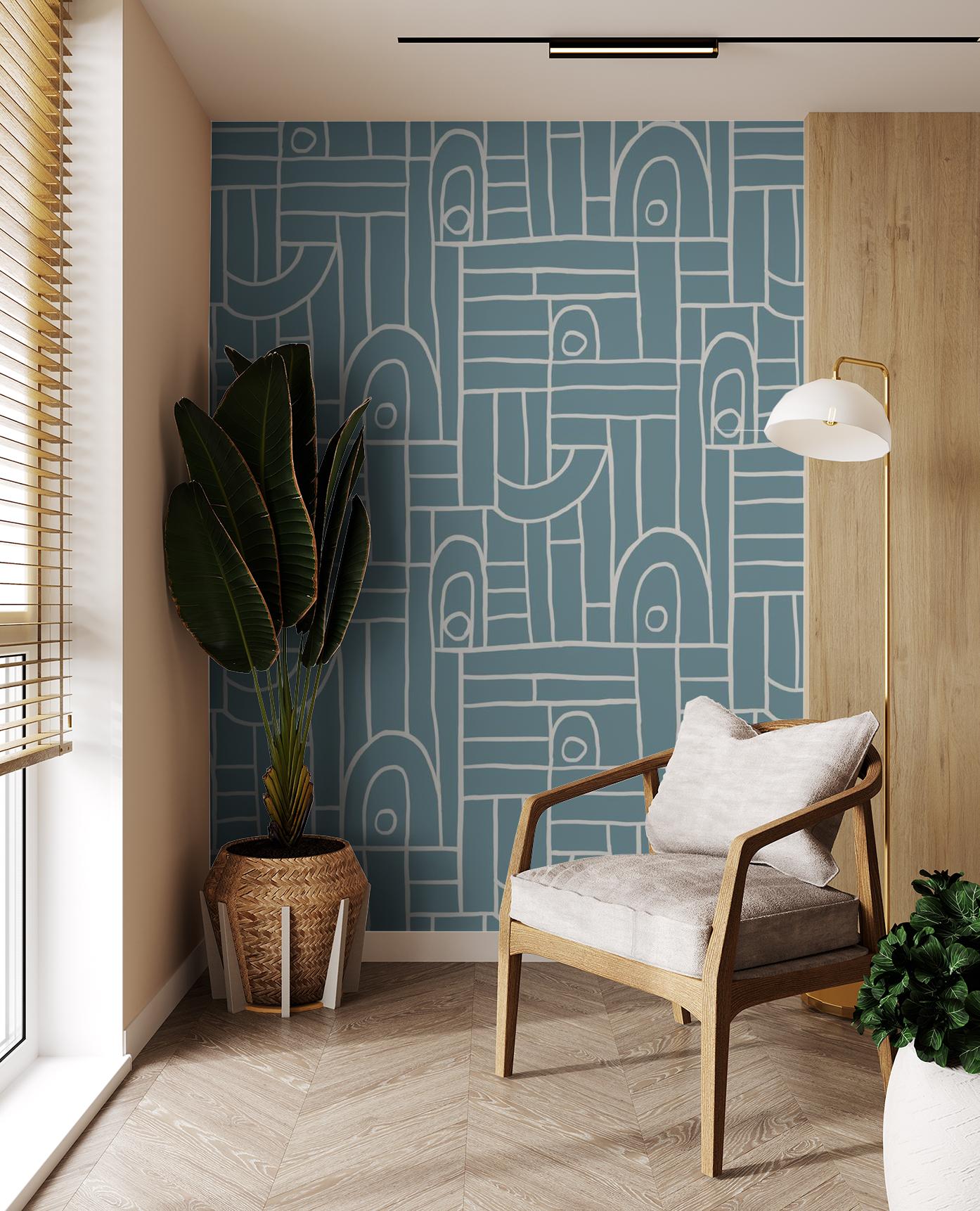 Deco Tile Wallpaper, dusty blue and white