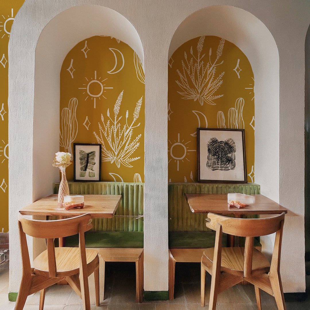 Desert Sky Wallpaper, large pattern, mustard and white