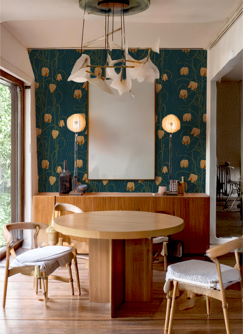 Campanas Wallpaper, dark blue and goldenrod