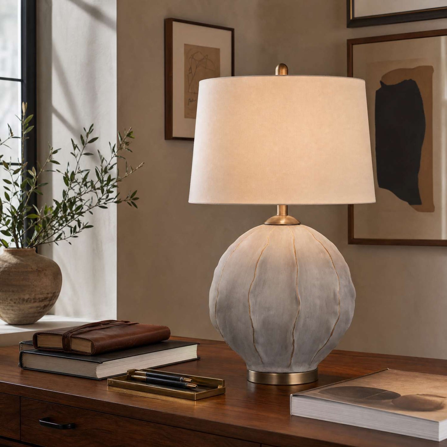 Annapurna 28" Table Lamp with Gray Concrete Style and White Linen Shade - Enhanced