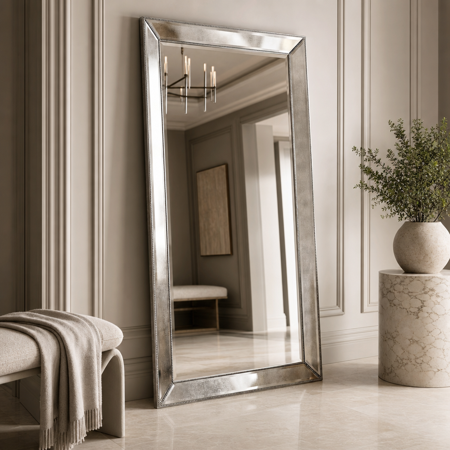 Beaded 79" Floor Mirror with Antique Silver Leaf finish and Wood Frame - Enhanced