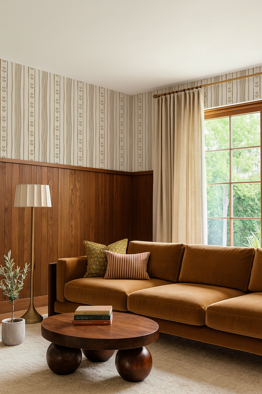 Daisy Chain Stripe Wallpaper, beige and tan
