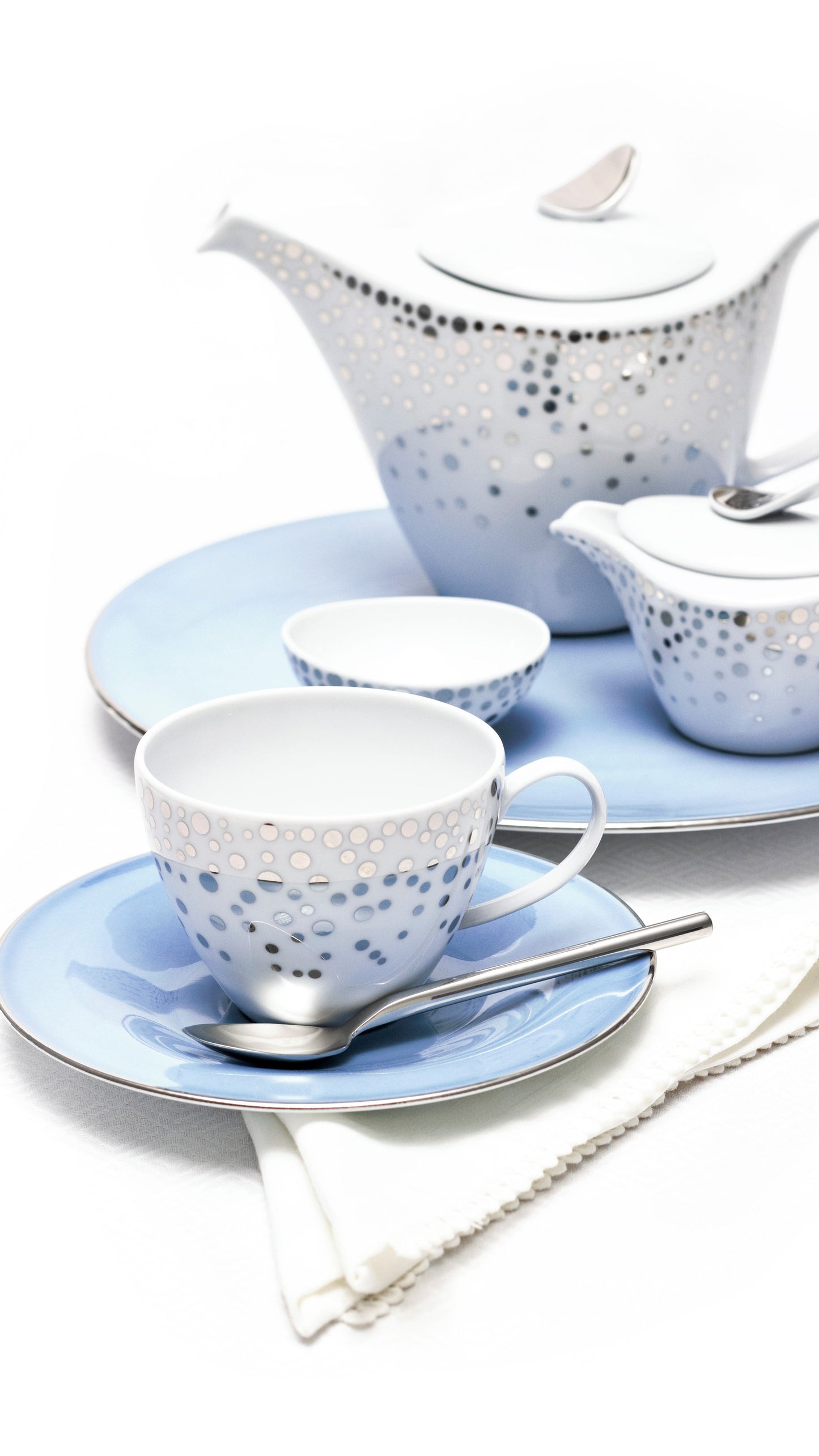 Silver Rain Tea Cup + Saucer - Set of 4