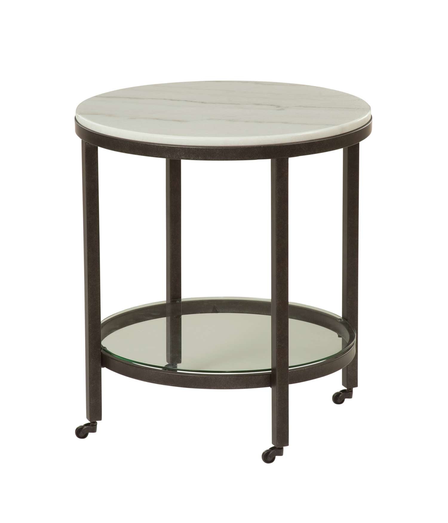 Whitman 24" Marble Round End Table with Glass Shelf and Piano Casters - Angle