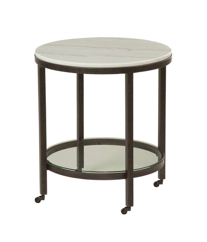 Whitman 24" Marble Round End Table with Glass Shelf and Piano Casters - Angle