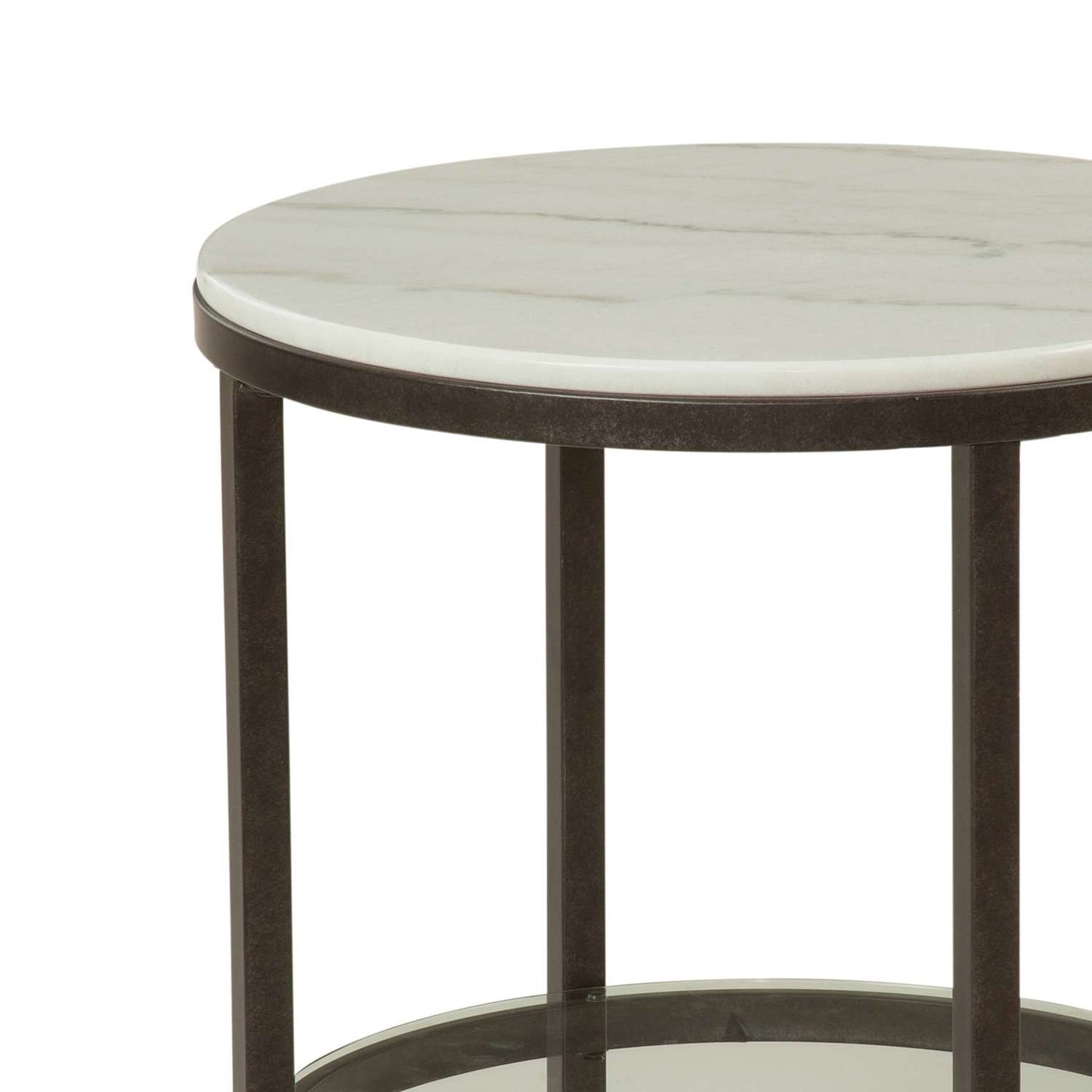Whitman 24" Marble Round End Table with Glass Shelf and Piano Casters - Detail