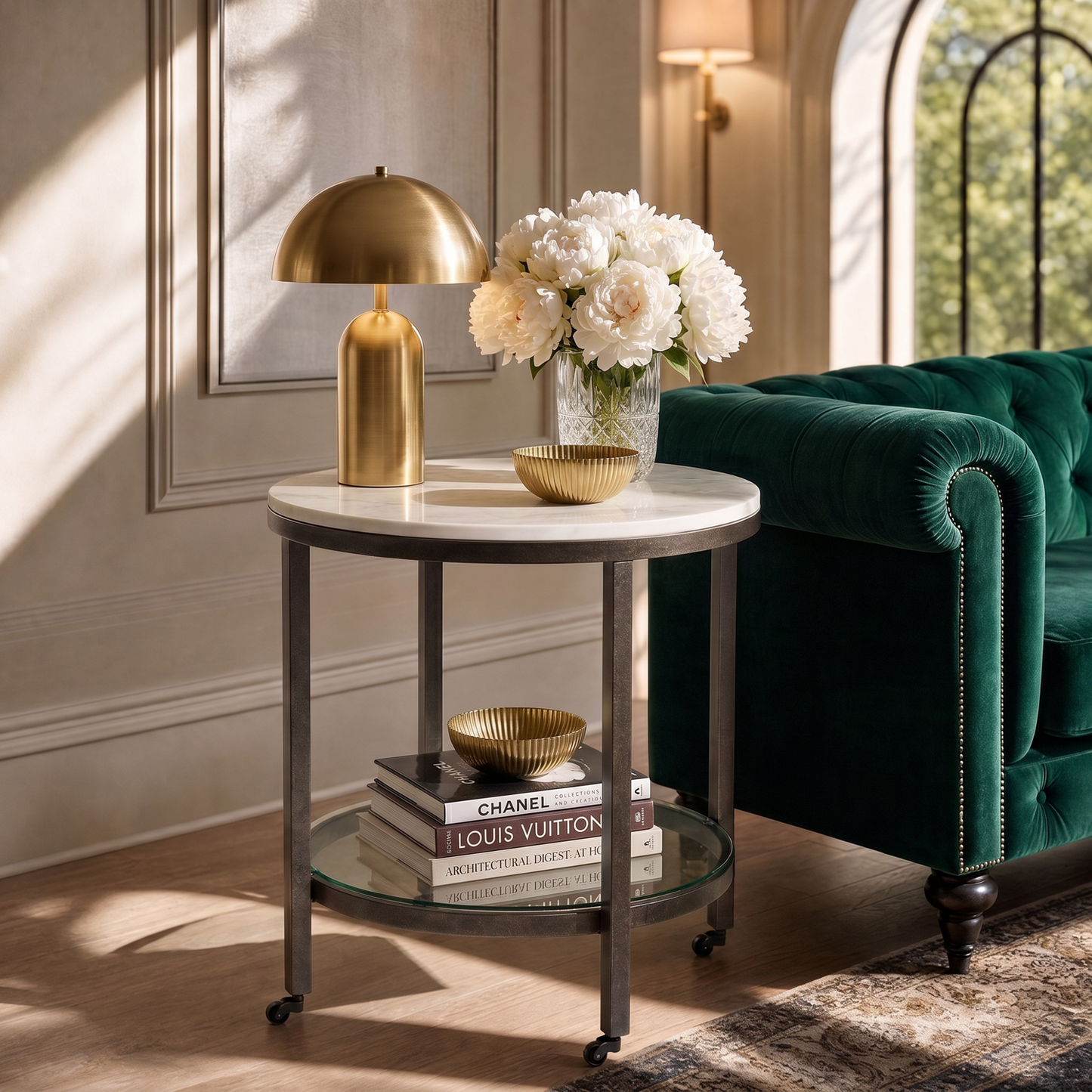 Whitman 24" Marble Round End Table with Glass Shelf and Piano Casters - Enhanced