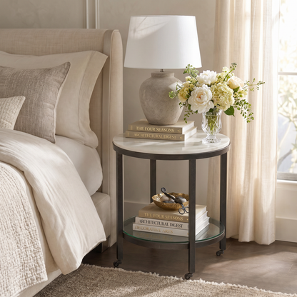 Whitman 24" Marble Round End Table with Glass Shelf and Piano Casters - Enhanced