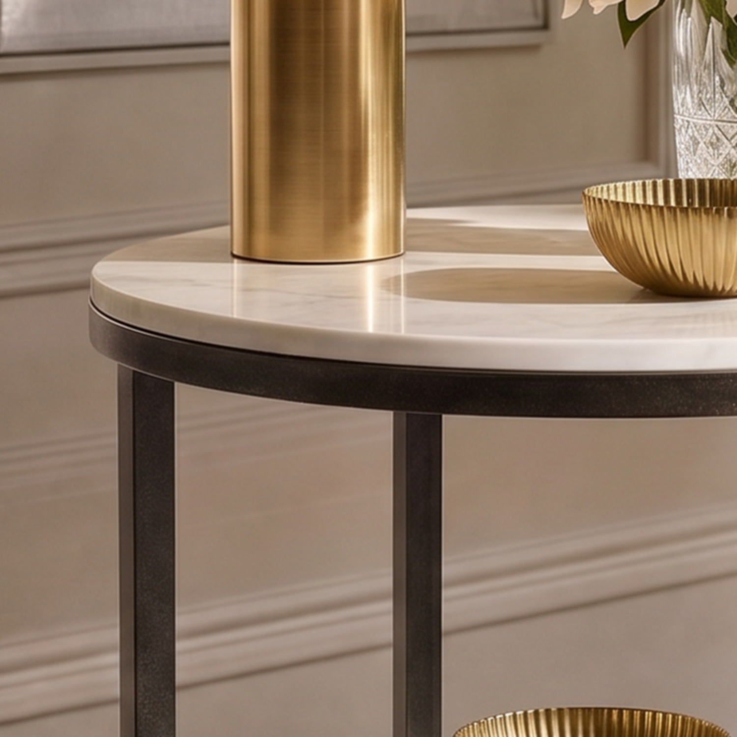Whitman 24" Marble Round End Table with Glass Shelf and Piano Casters - Enhanced