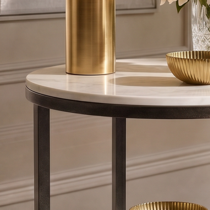Whitman 24" Marble Round End Table with Glass Shelf and Piano Casters - Enhanced