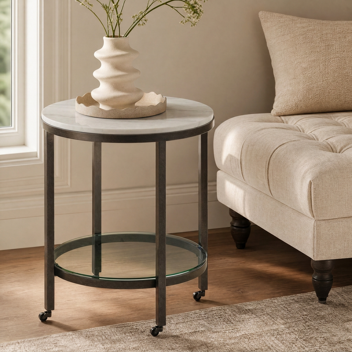 Whitman 24" Marble Round End Table with Glass Shelf and Piano Casters - Enhanced