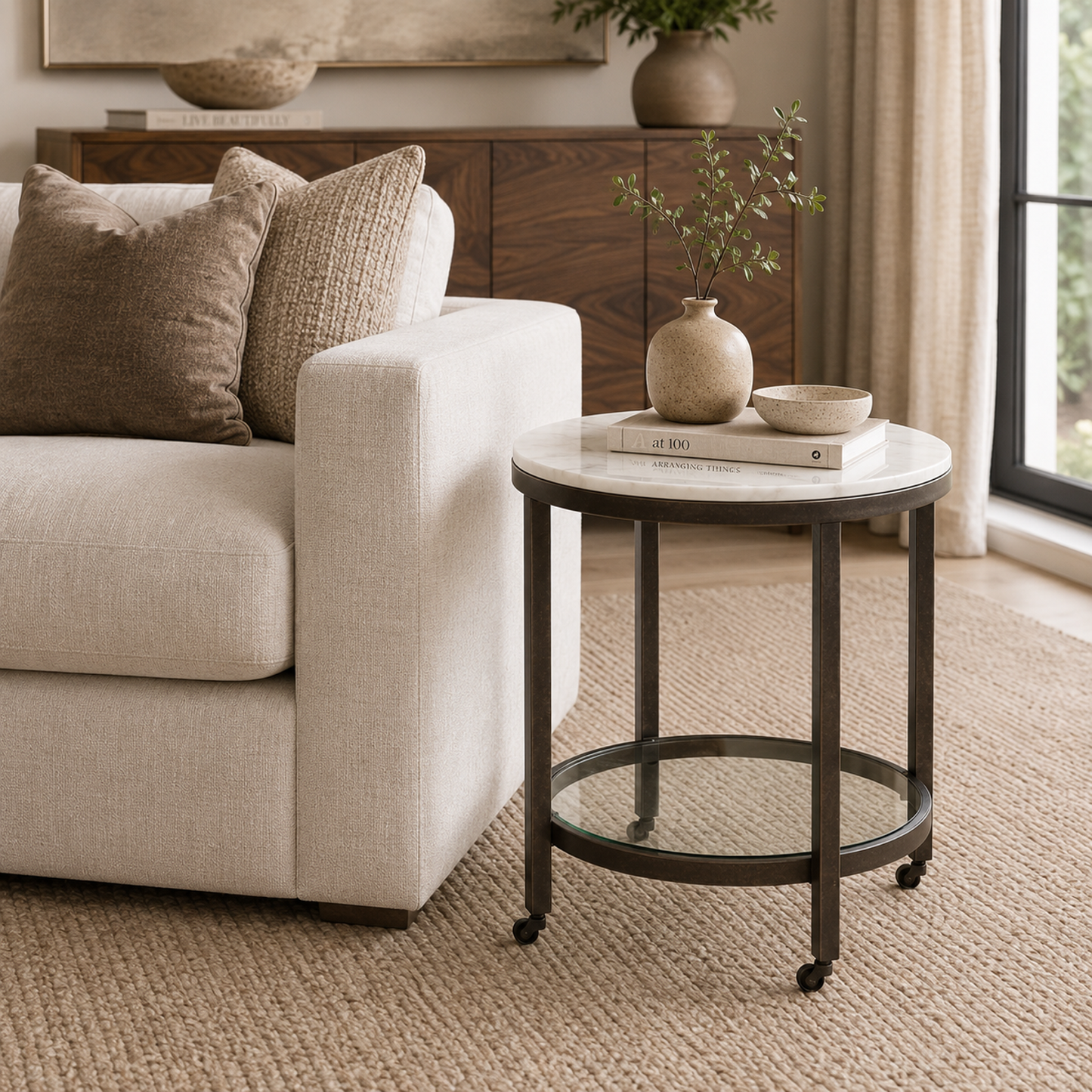 Whitman 24" Marble Round End Table with Glass Shelf and Piano Casters - Main