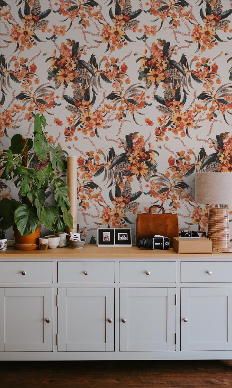 Springtime Wallpaper - Off-White & Orange