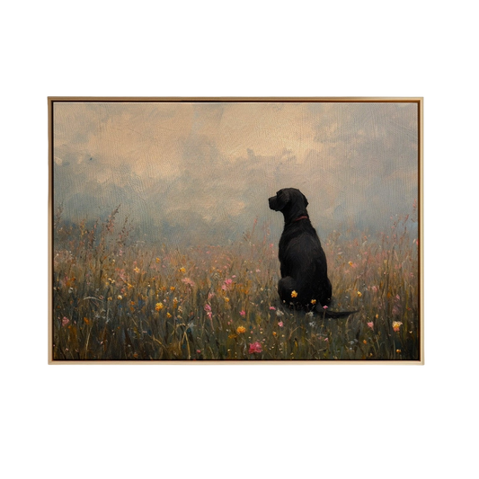 Serene Black Lab in Wildflowers – Rustic Dog Art Print