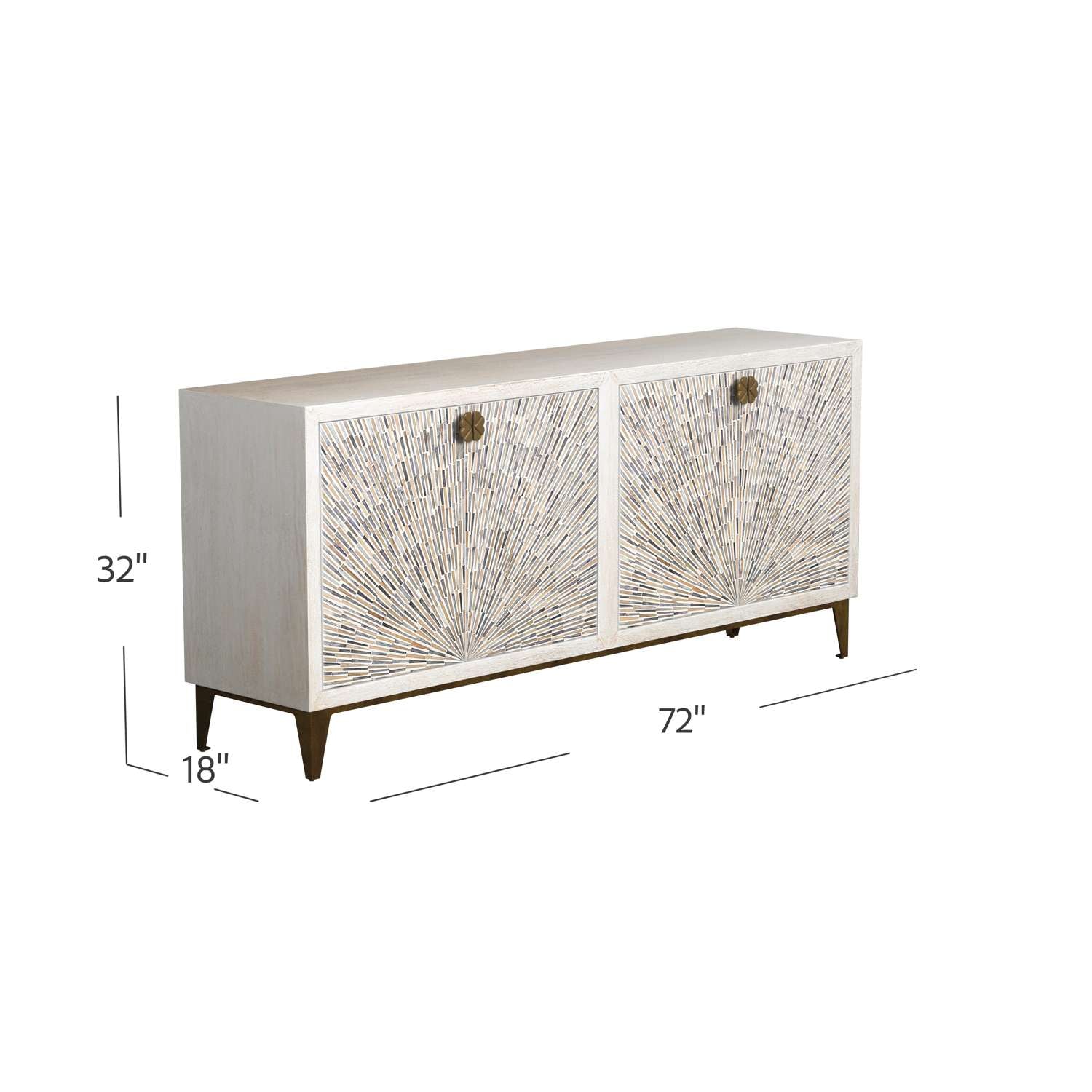 Astrid 34" Four Door Sideboard Cabinet with Solid Mango Wood in a White Wash Finish - Dimensional