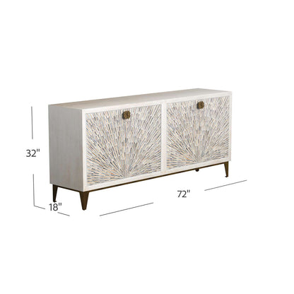 Astrid 34" Four Door Sideboard Cabinet with Solid Mango Wood in a White Wash Finish - Dimensional