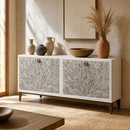 Astrid 34" Four Door Sideboard Cabinet with Solid Mango Wood in a White Wash Finish - Enhanced