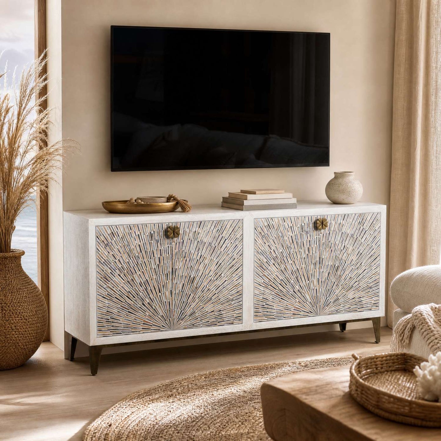 Astrid 34" Four Door Sideboard Cabinet with Solid Mango Wood in a White Wash Finish - Enhanced