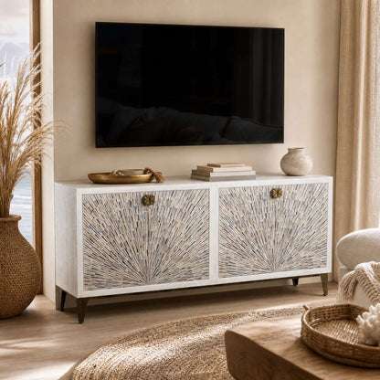 Astrid 34" Four Door Sideboard Cabinet with Solid Mango Wood in a White Wash Finish - Enhanced