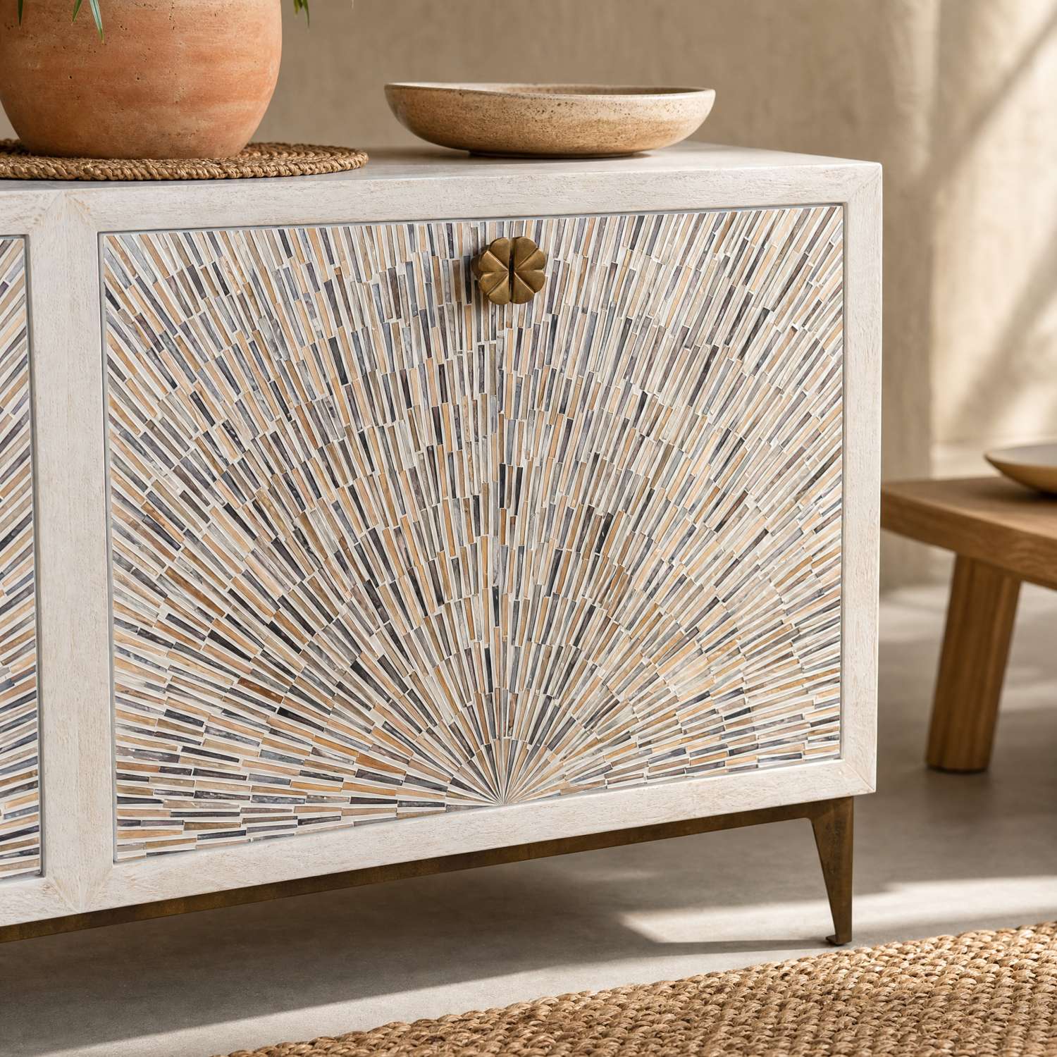 Astrid 34" Four Door Sideboard Cabinet with Solid Mango Wood in a White Wash Finish - Enhanced