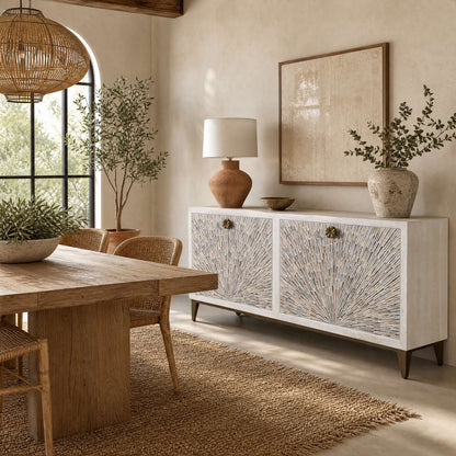 Astrid 34" Four Door Sideboard Cabinet with Solid Mango Wood in a White Wash Finish - Enhanced
