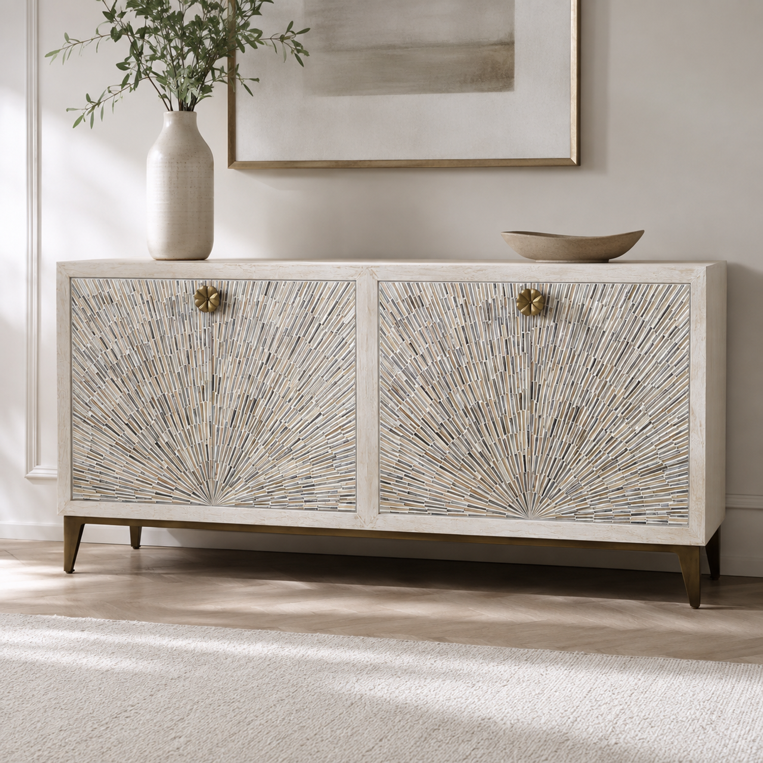 Astrid 34" Four Door Sideboard Cabinet with Solid Mango Wood in a White Wash Finish - Main