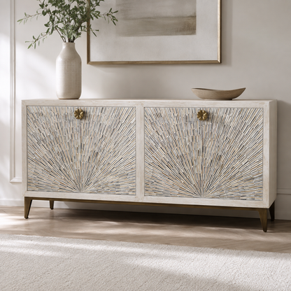 Astrid 34" Four Door Sideboard Cabinet with Solid Mango Wood in a White Wash Finish - Main