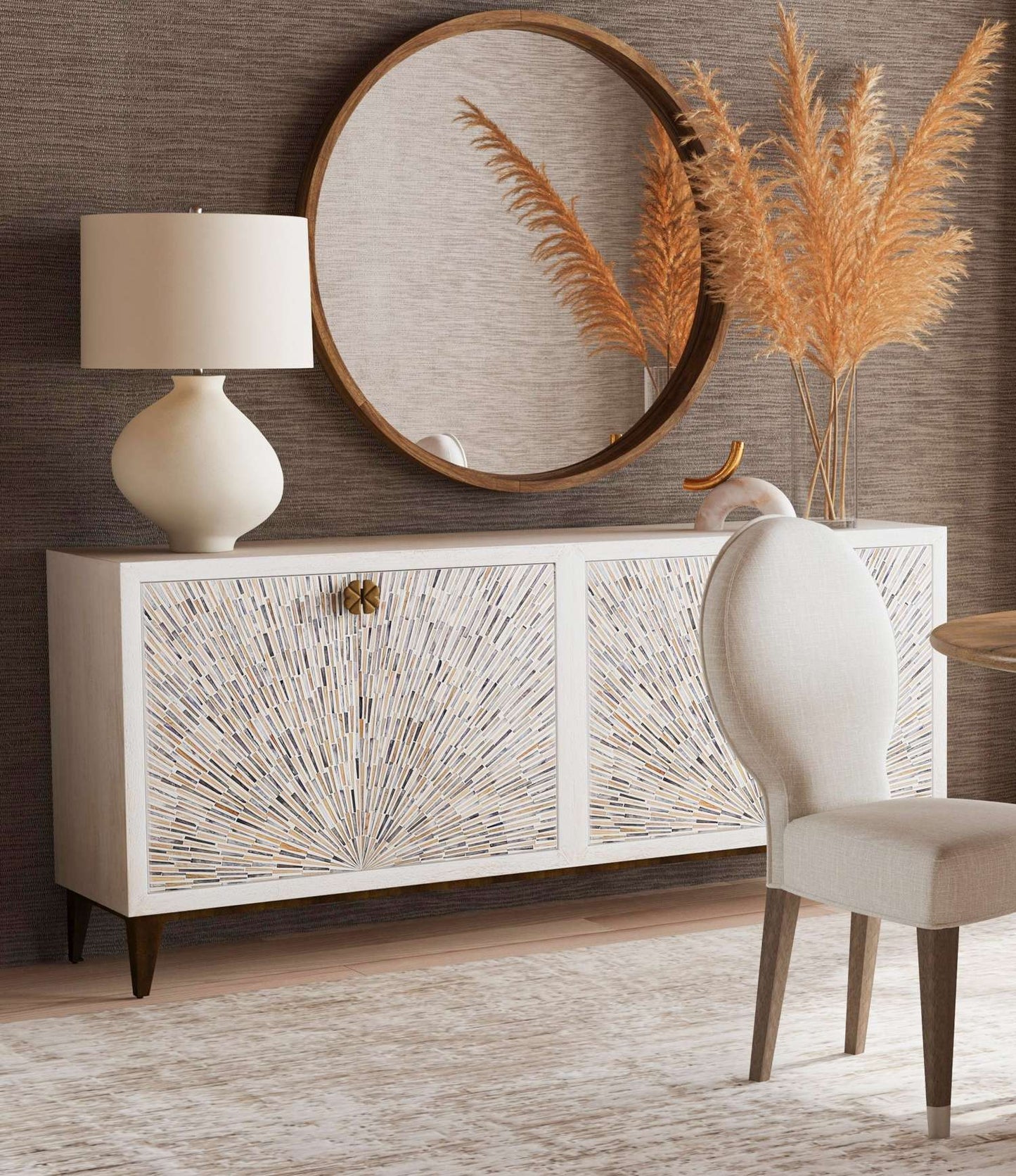 Astrid 34" Four Door Sideboard Cabinet with Solid Mango Wood in a White Wash Finish - Room Scene
