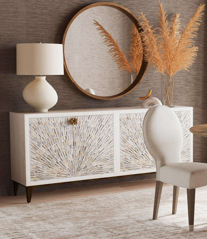 Astrid 34" Four Door Sideboard Cabinet with Solid Mango Wood in a White Wash Finish - Room Scene