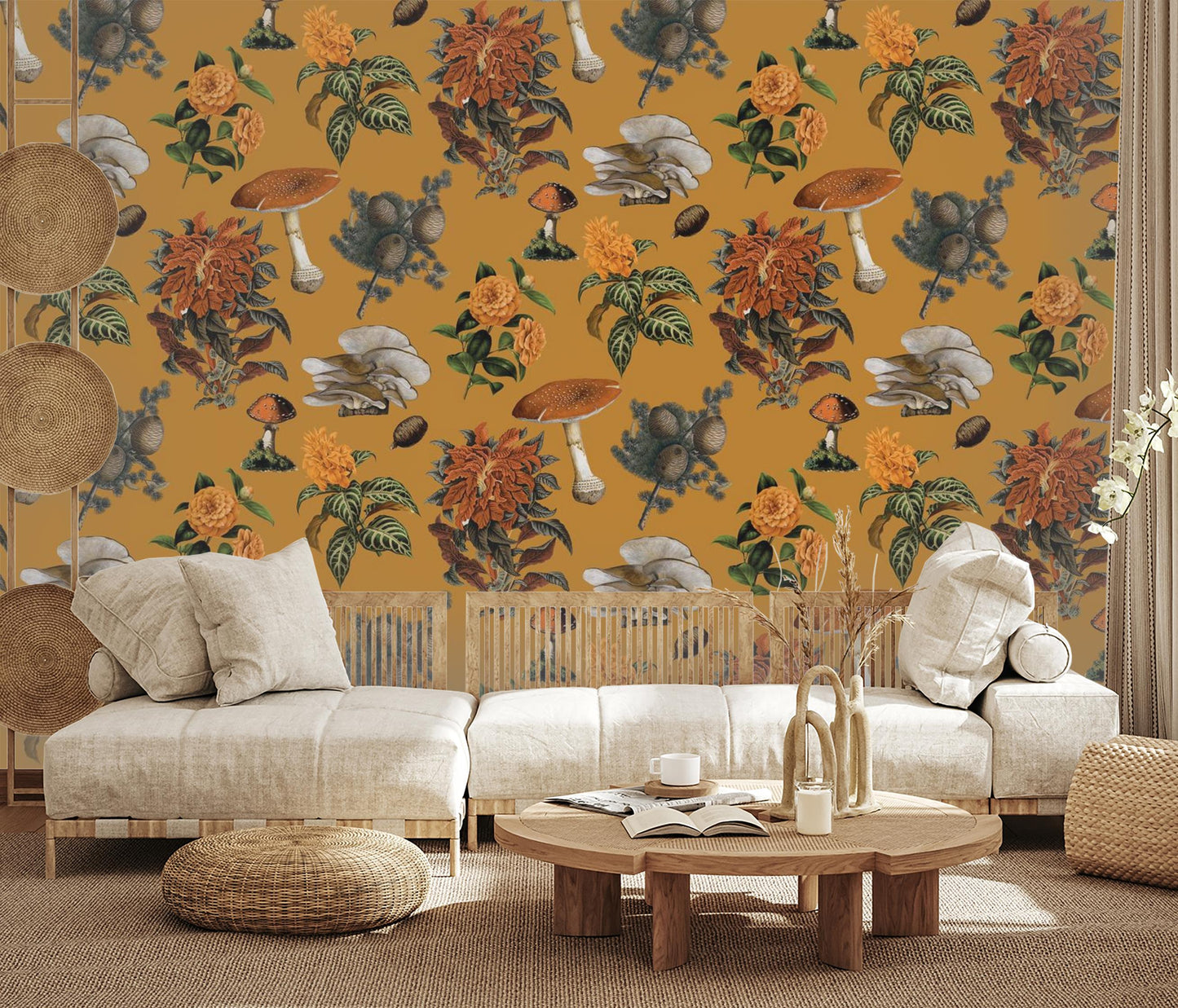 Shrooms Wallpaper, gold & marigold