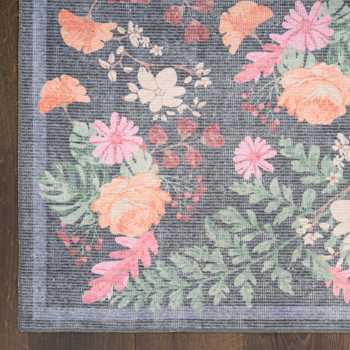 Nourison Botanical Charcoal & Multicolor Machine Washable Rug - Corner