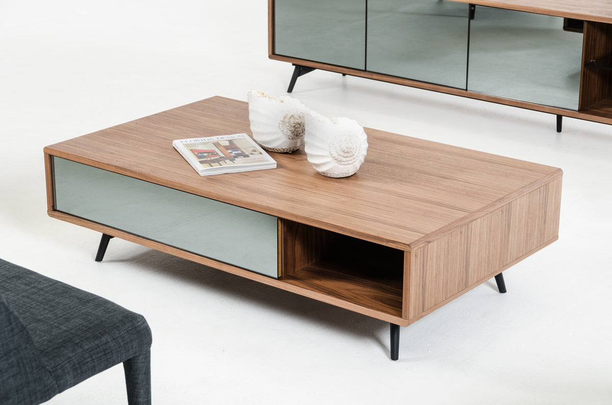 Walnut Veneer Metal & Glass Coffee Table