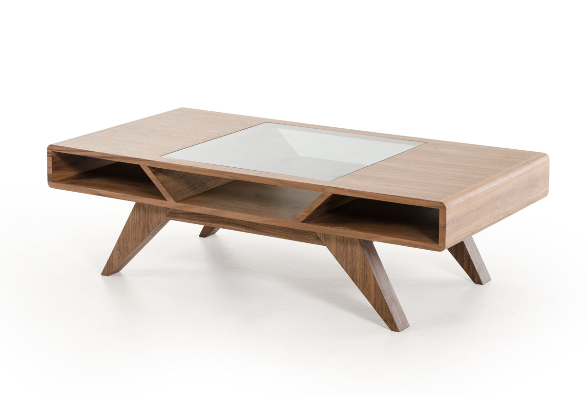 Walnut Wood Veneer & Glass Coffee Table