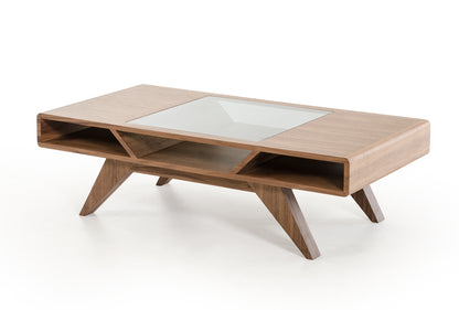 Walnut Wood Veneer & Glass Coffee Table