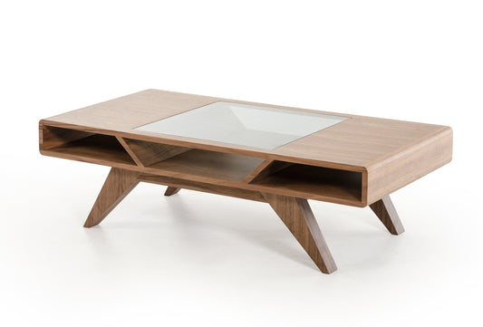 Walnut Wood Veneer & Glass Coffee Table