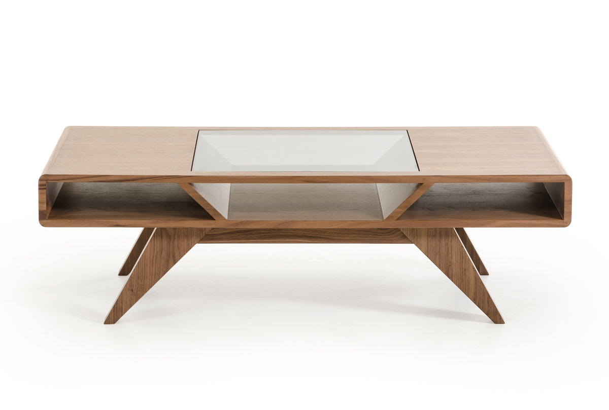 Walnut Wood Veneer & Glass Coffee Table